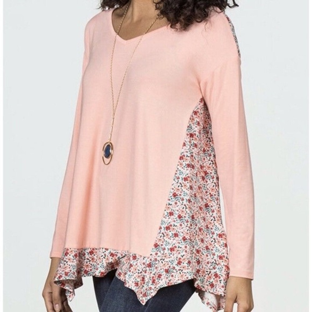 Matilda Jane Sing It Out Floral Ruffle Hem Tunic Top Shirt-Pink-Women Size Large